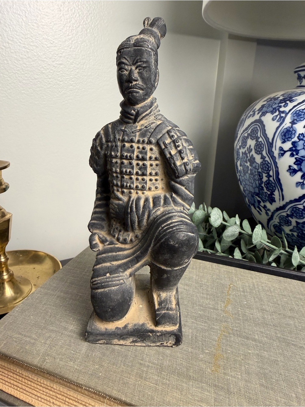 Terracotta Warrior Kneeling Soldier Statue Black Distressed Asian Decor 7”